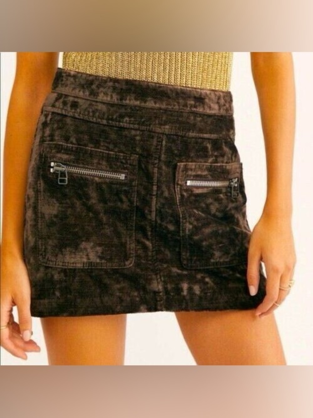 Free People Brown crushed Velvet Mini Skirt with Front Zip Pockets